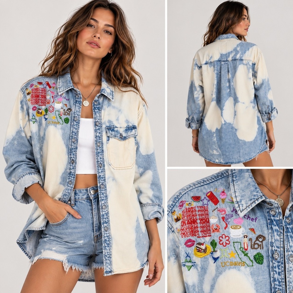 Embroidered Bleached Denim Shirt Jacket Oversized Tie Dye Artsy Streetwear XS